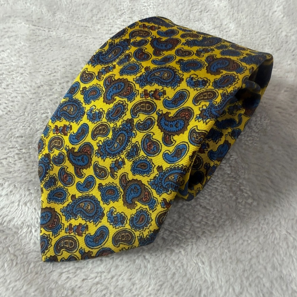 60s Brooks Brothers Mens Necktie Blue Yellow Silk Paisley Vintage 54x3.75 Short